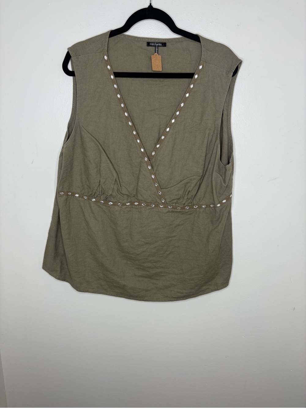 Olive Sleeveless V-Neck Embellished Top
